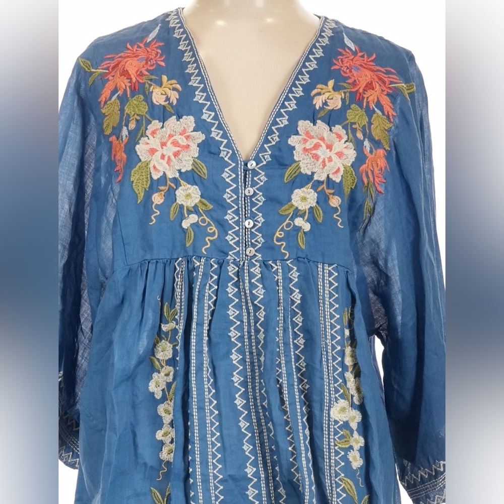 🌺 Johnny Was Nalina Kimono Dress L Blue Floral Embroidered Boho Ramie W37123-2 - Picture 3 of 7